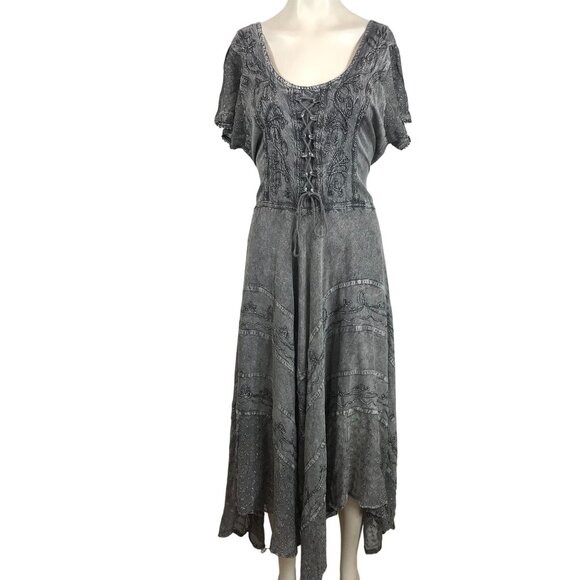 SAKKAS - WOMEN'S L/XL -GRAY MARIGOLD EMBROIDERED RAYON BOHO FAIRY DRESS - Picture 1 of 8